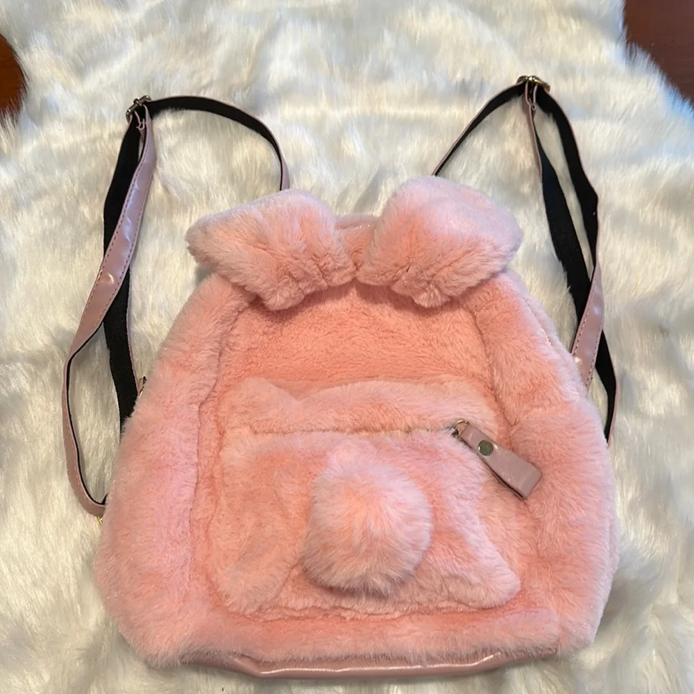 Plush bunny rabbit pink soft faux fir Back Pack with adjustable straps